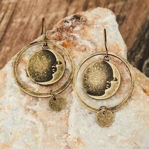 Gothic Vintage Ethnic Bronze Brushed Moon Hollow Round Earring